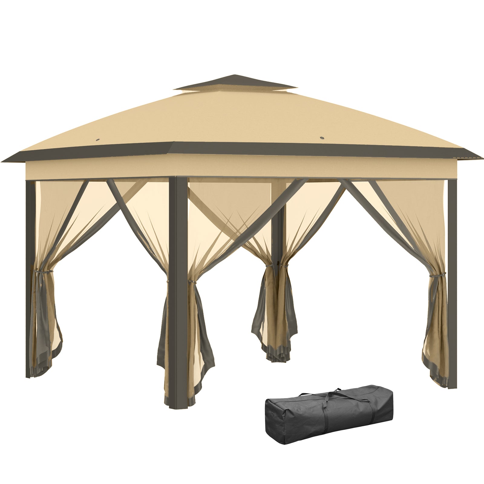 3.3 x 3.3m Pop Up Gazebo, Double Roof Foldable Canopy Tent with Zipped Mesh Sidewalls, Height Adjustable and Carrying Bag, Event Tent for Patio Garden, Beige