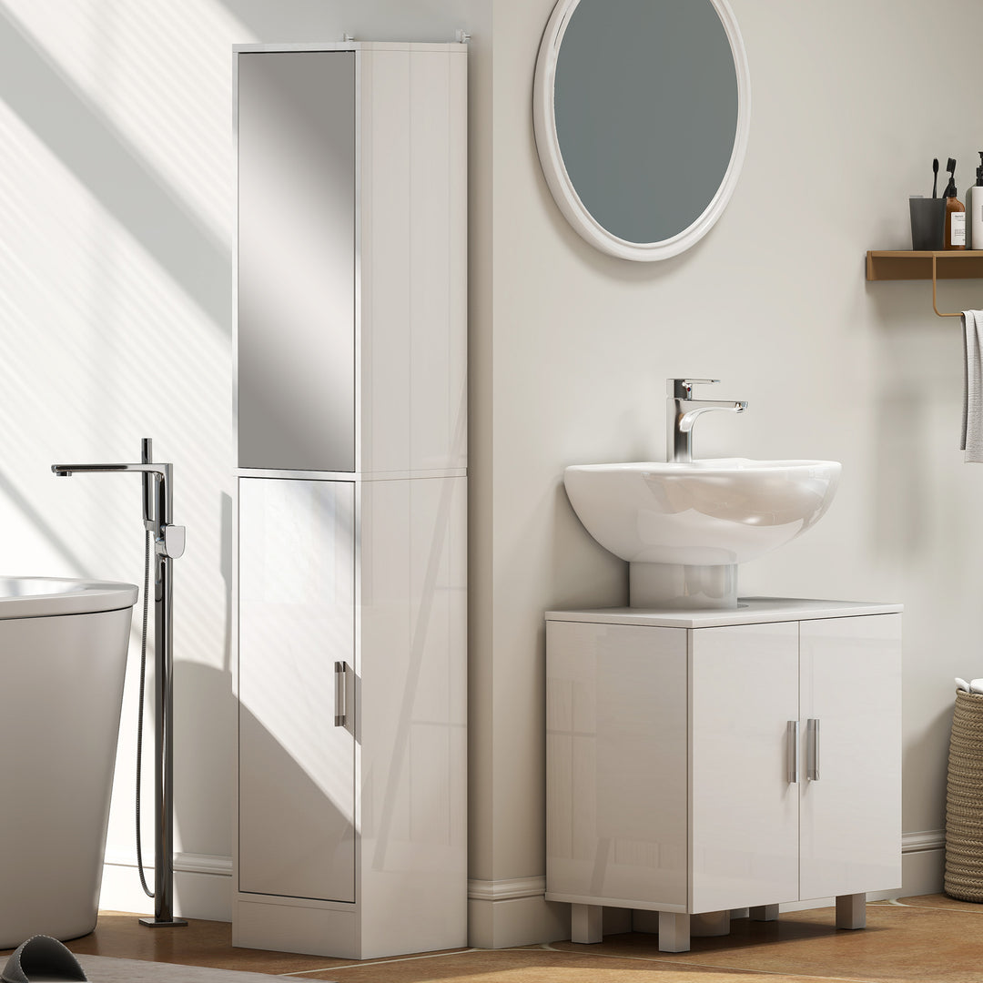 Tall Bathroom Cabinet with Mirror and Adjustable Shelf - High Gloss Wh