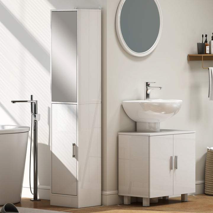 Tall Bathroom Cabinet with Mirror and Adjustable Shelf - High Gloss Wh