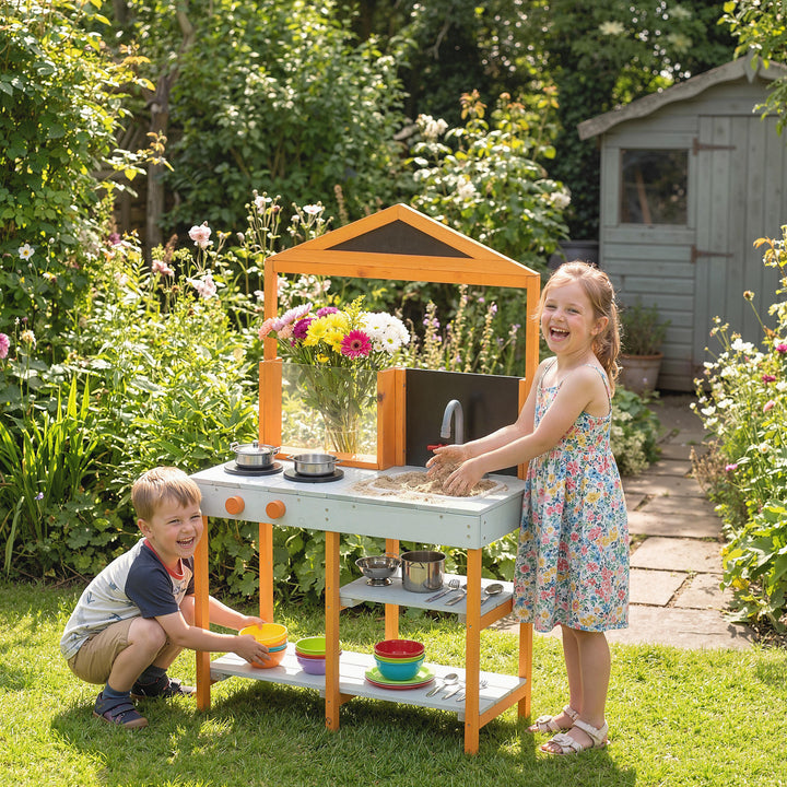 Mud Kitchen for Kids, Outdoor Wooden Play Kitchen with Sink, Stove, Co