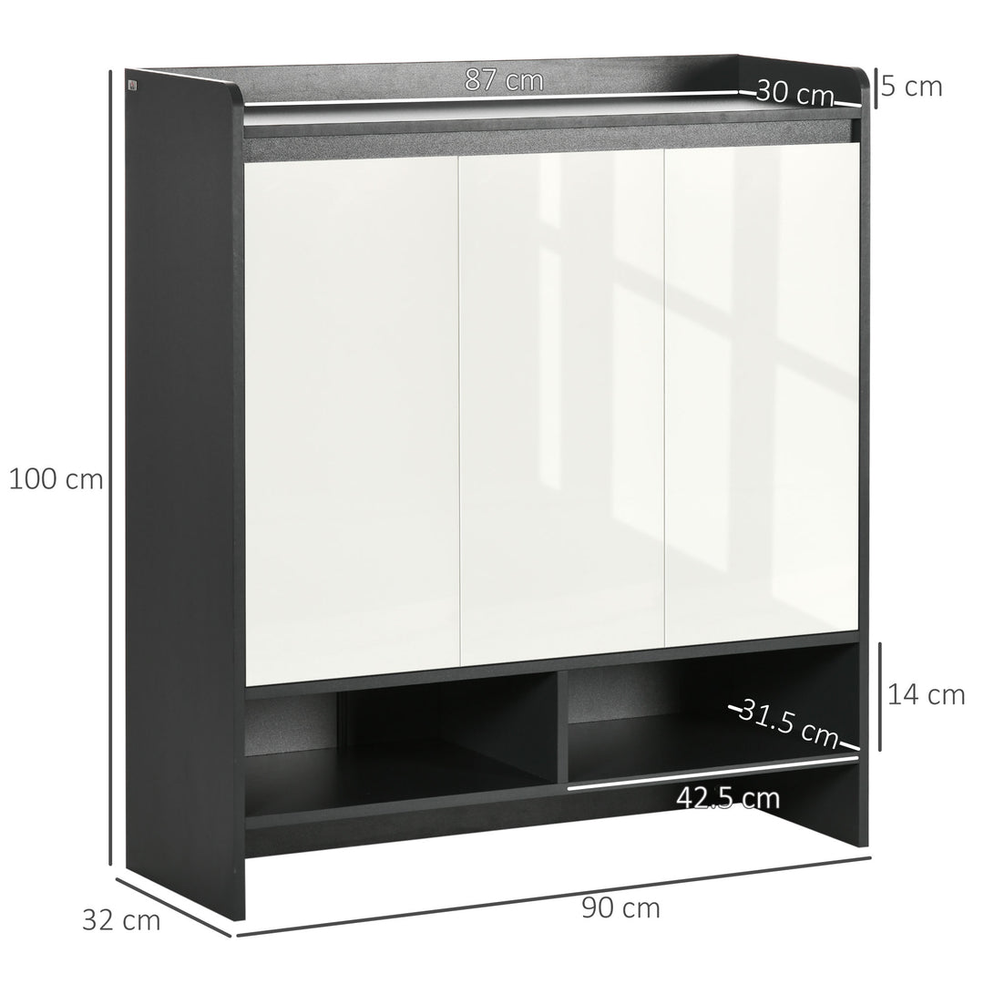 High Gloss Shoe Cabinet with White Doors and Open Shelves, Hallway Shoe Cupboard Storage Organizer for 19 Pairs of Shoes, Grey