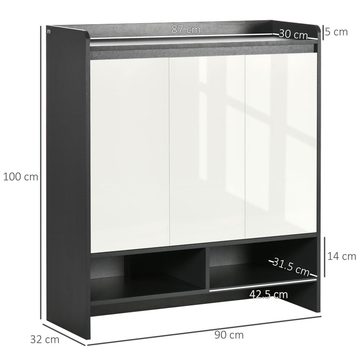 High Gloss Shoe Cabinet with White Doors and Open Shelves, Hallway Shoe Cupboard Storage Organizer for 19 Pairs of Shoes, Grey