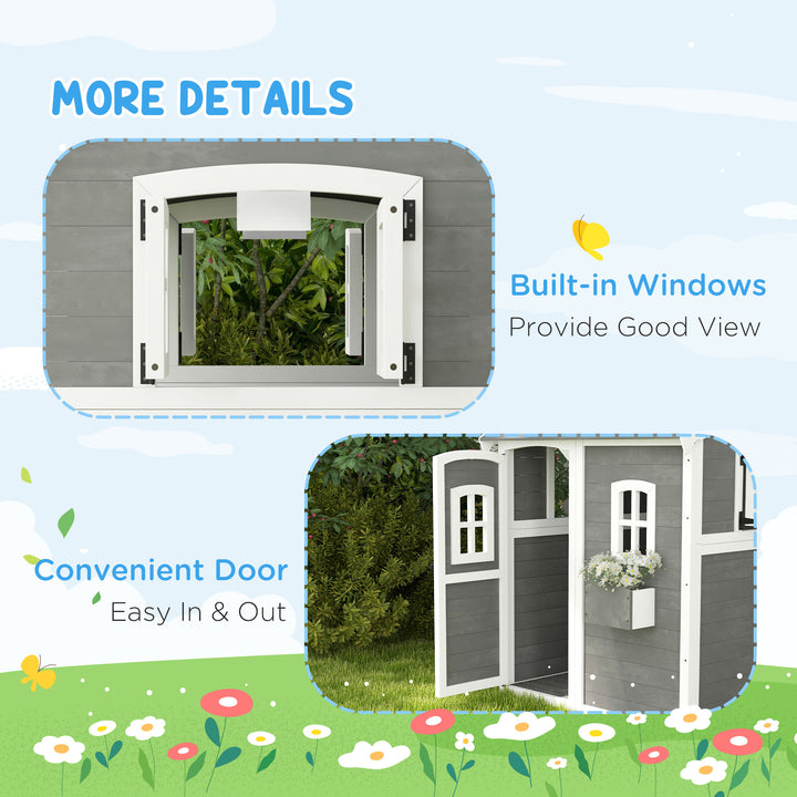 Wooden Playhouse for Kids with Doors, Windows, Plant Box, Floors, for Ages 3-8 Years, for Gardens, Lawns, Patios - Grey