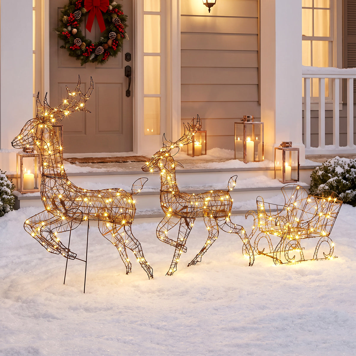 3-Piece Lighted Reindeer and Sleigh Set, PP Rattan Outdoor Christmas - view 2