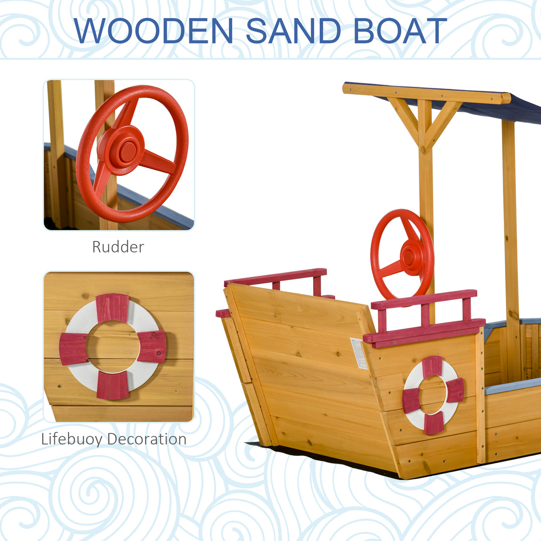 Outsunny Kids Wooden Sandbox Play Station, Covered Children Sand boat Outdoor, for Backyard, w/ Canopy Shade, Aged 3