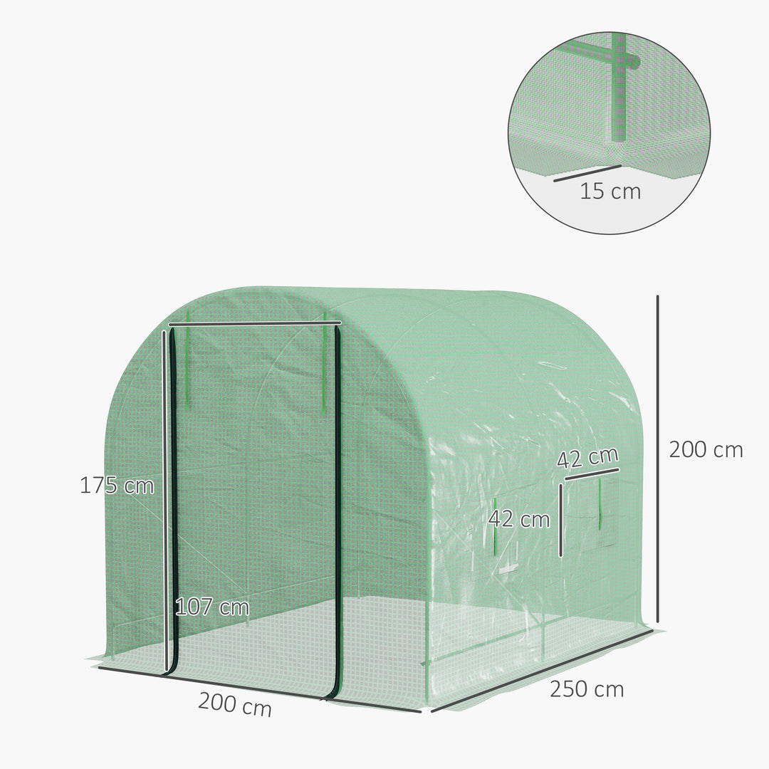 Walk-In Garden Polytunnel Greenhouse with Steel Frame, PE Cover, Roll-Up Door and 4 Windows, 2.5 x 2m, Green