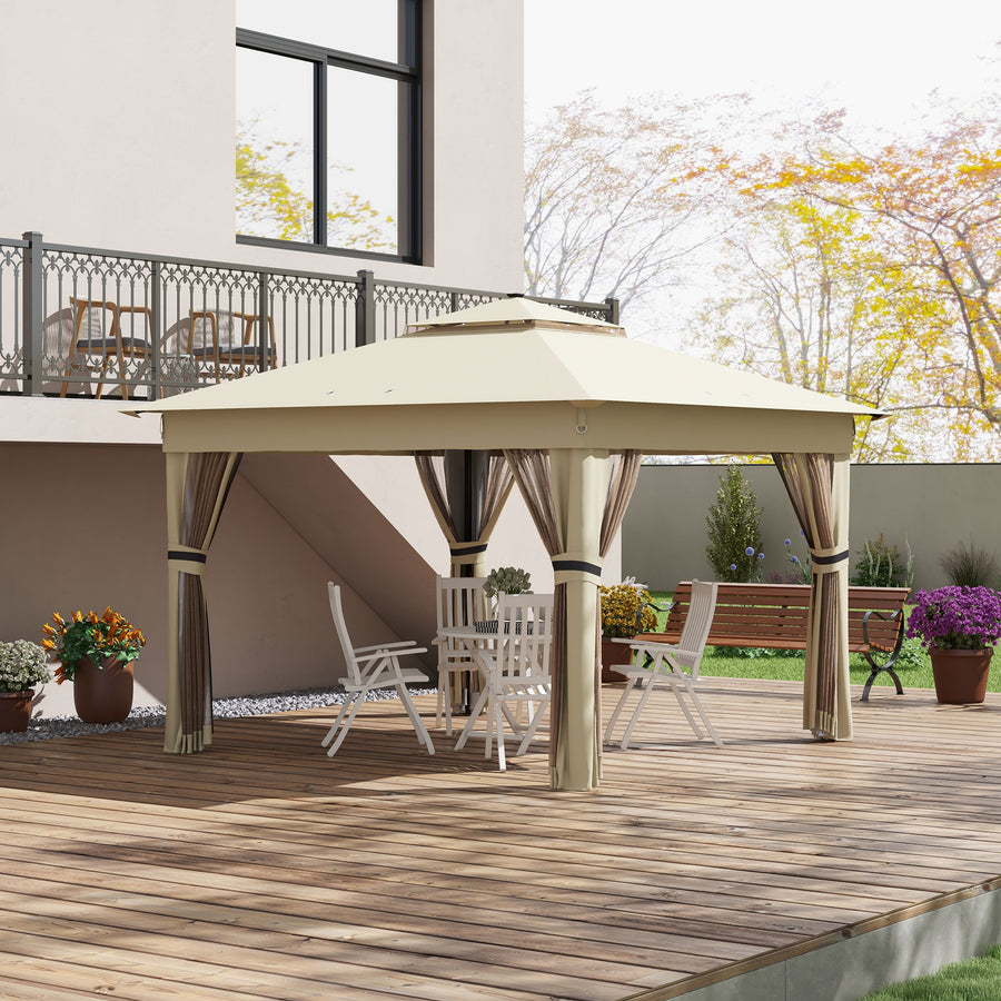 3 x 3(m) Pop Up Gazebo Party Tent with Solar-Powered LED Lights, Adjustable Event Shelter with Netting, Khaki