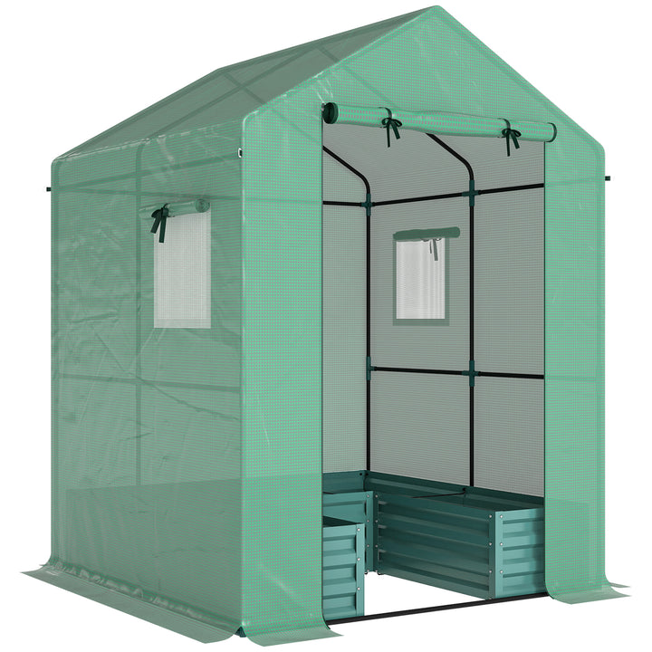 Small Greenhouse with Raised Garden Bed, Galvanised Walk-in Greenhouse with Roll Up Windows, 141 x 141 x 190 cm