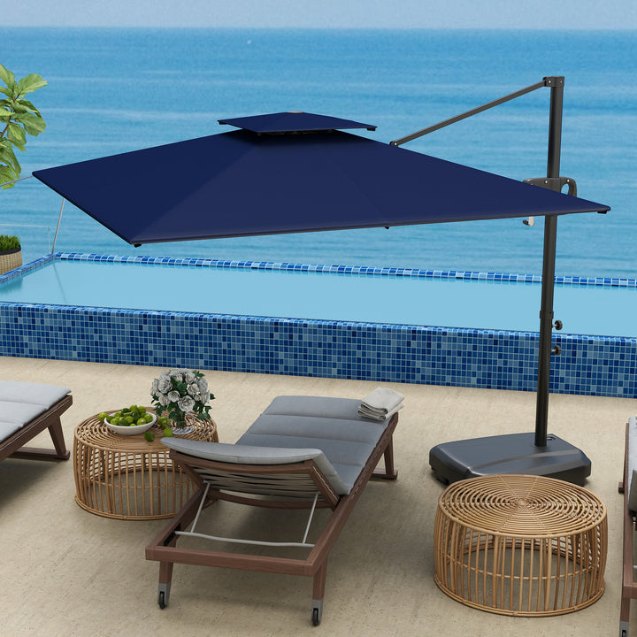 Cantilever Parasol with Weighted Base Double Top Garden Parasol Square Hanging Patio Umbrella with Crank Tilt Dark Blue
