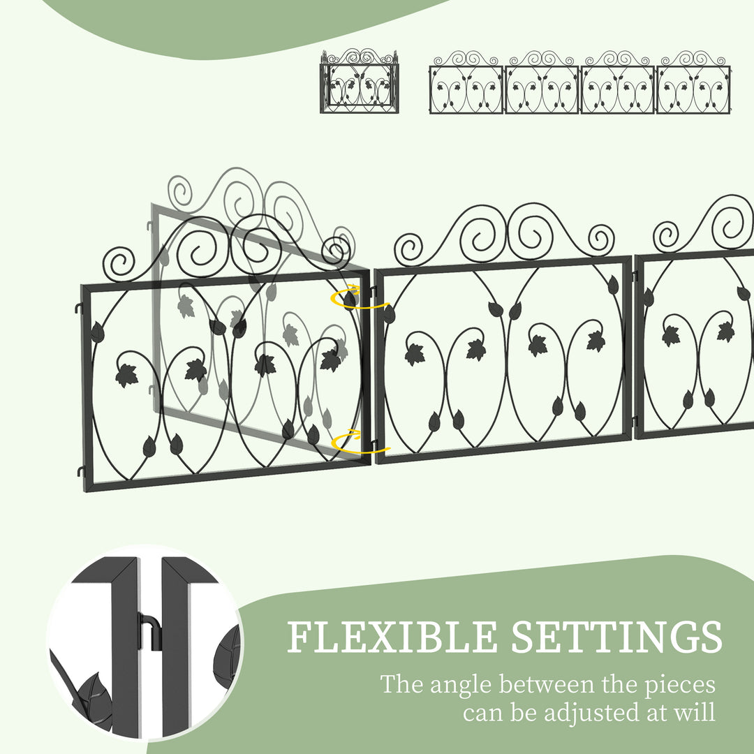 Set of Four 57cm Leaf Scroll Metal Fence Panels - Black