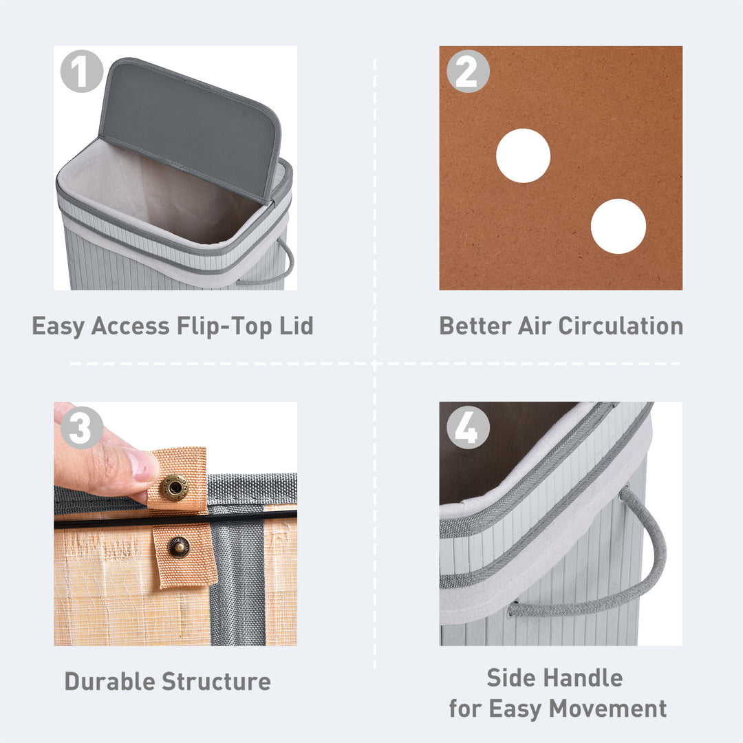 70L Natural Wood Laundry Basket A Compartment w/Flip Lid Removable Lining Handles Board Base Foldable Durable Water-Resistant Dirty Clothes Storage Home Organisation Grey