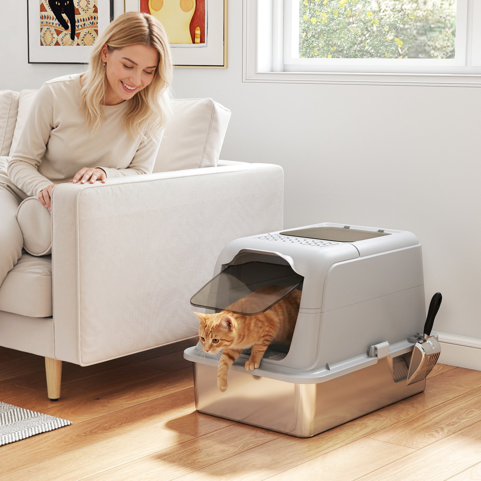 Extra Large Stainless Steel Litter Box, Enclosed Cat Litter Tray with 
