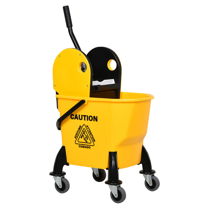 HOMCOM 26L Mop Bucket & Water Wringer w/ 4 Wheels Plastic Body Metal Handle Pole Holder Home Commercial Cleaning Floor Cart Yellow | Aosom UK