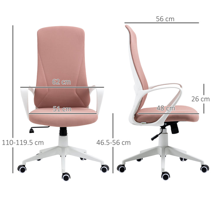 High Back Office Chair, Fabric Desk Chair with Armrests, Adjustable Height, Swivel Wheels, Pink