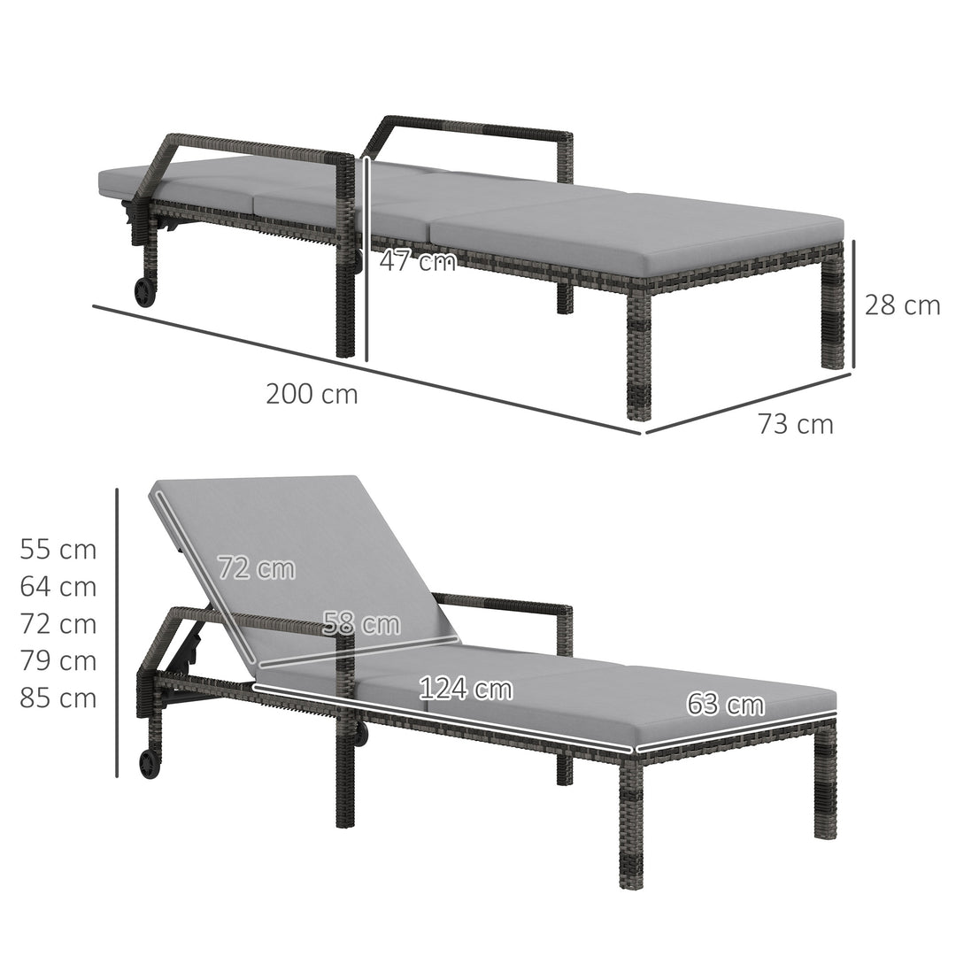 Outdoor PE Rattan Sun Lounger Set of 2, Wicker Chaise Recliner Garden Chair with 5-Level Adjustable Backrest and 2 Wheels, Grey