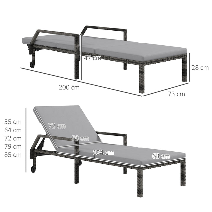 Outdoor PE Rattan Sun Lounger Set of 2, Wicker Chaise Recliner Garden Chair with 5-Level Adjustable Backrest and 2 Wheels, Grey