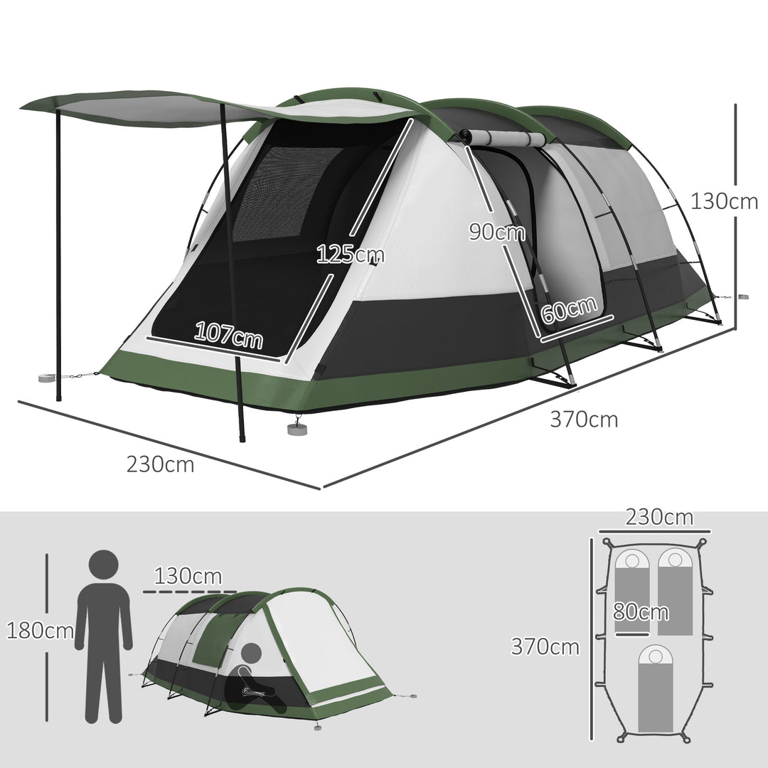 Three-Man Camping Tent, with Two Rooms and Porch - Green