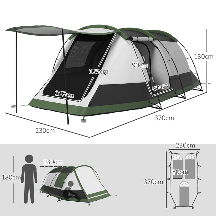 Three-Man Camping Tent, with Two Rooms and Porch - Green