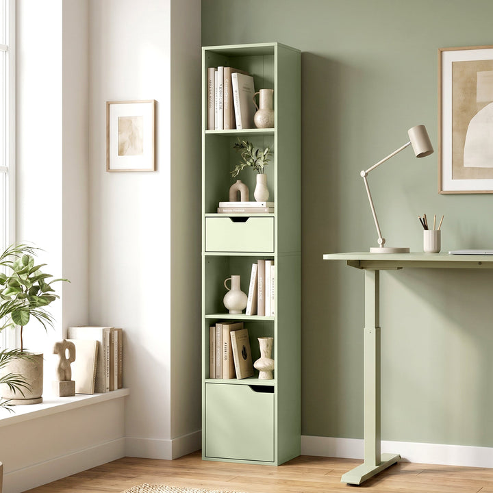 6-Tier Bookcase, Tall Narrow Bookshelf with Drawer and Door