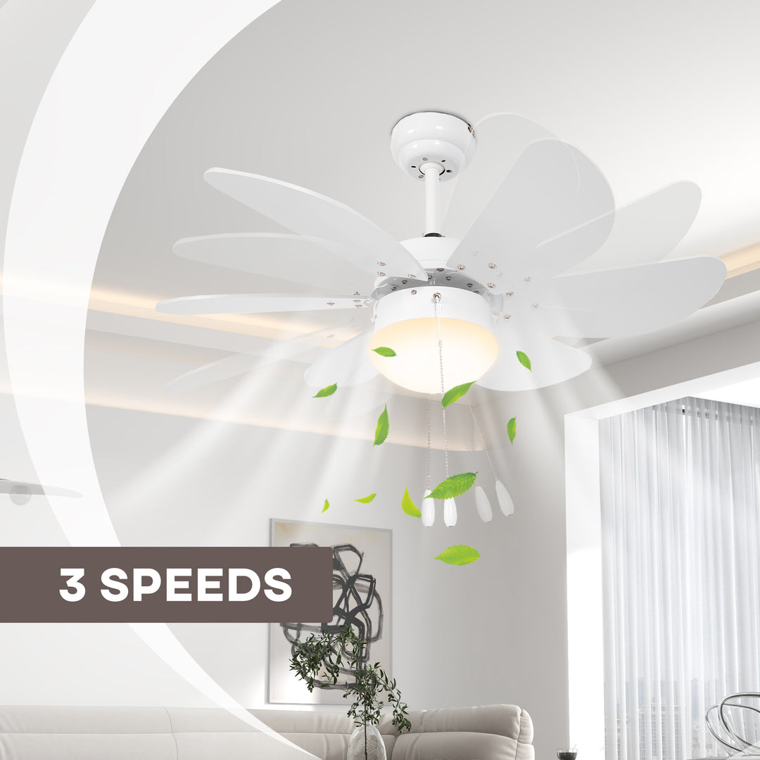 HOMCOM Ceiling Fan Lights with Reversible 6-Blade and Pull-Chain Operation, Flush Mount Light, 3 Speeds Ceiling Fan with Light, White | Aosom UK