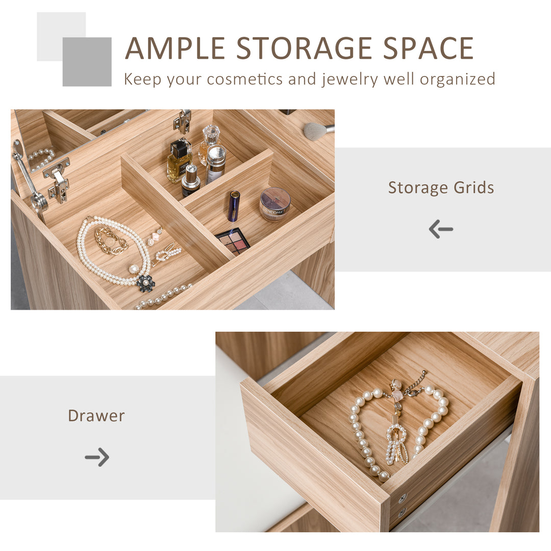 MCL Dressing Table with Flip-Up Mirror and Cushioned Stool, Makeup Vanity Desk with Hidden Compartments and Storage Drawer, Convertible Writing Table for Bedroom, Natural