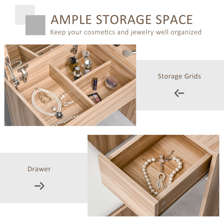 MCL Dressing Table with Flip-Up Mirror and Cushioned Stool, Makeup Vanity Desk with Hidden Compartments and Storage Drawer, Convertible Writing Table for Bedroom, Natural