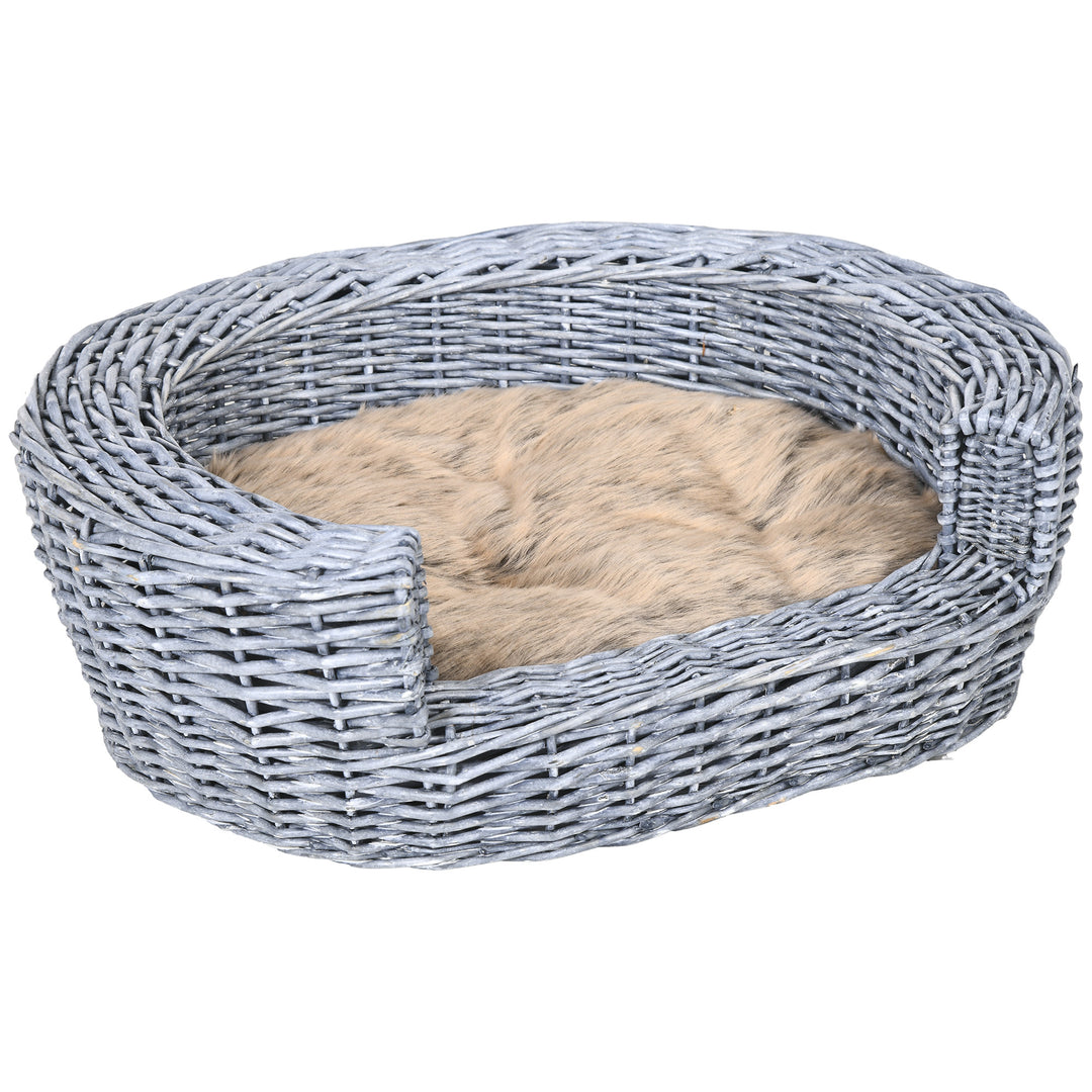 Wicker Pet Bed Willow Dog Cat Sofa Couch Puppy Basket with Cushion Grey 57L x 46W x 17.5H cm