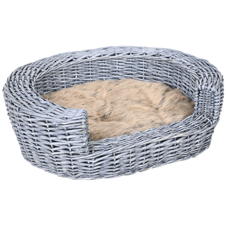 Wicker Pet Bed Willow Dog Cat Sofa Couch Puppy Basket with Cushion Grey 57L x 46W x 17.5H cm