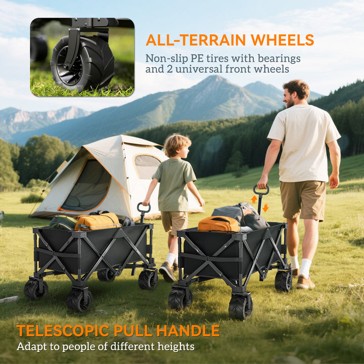 Outdoor Folding Garden Trolley on Wheels, Capming Cargo Wagon Cart Trailer w/ Handle, Wheels for Beach Garden, Black