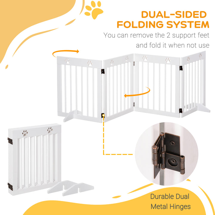 PawHut Pet Gate 4 Panel Folding Wooden Dog Barrier Freestanding Dog Gate For Stairs w/ Support Feet | Aosom UK