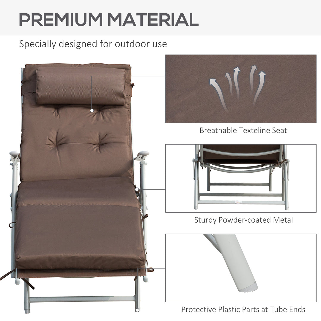 Sun Lounger Steel Frame Outdoor Folding Chaise Texteline Lounge Chair Recliner with Headrest & 7 Levels Adjustable Backrest, Brown