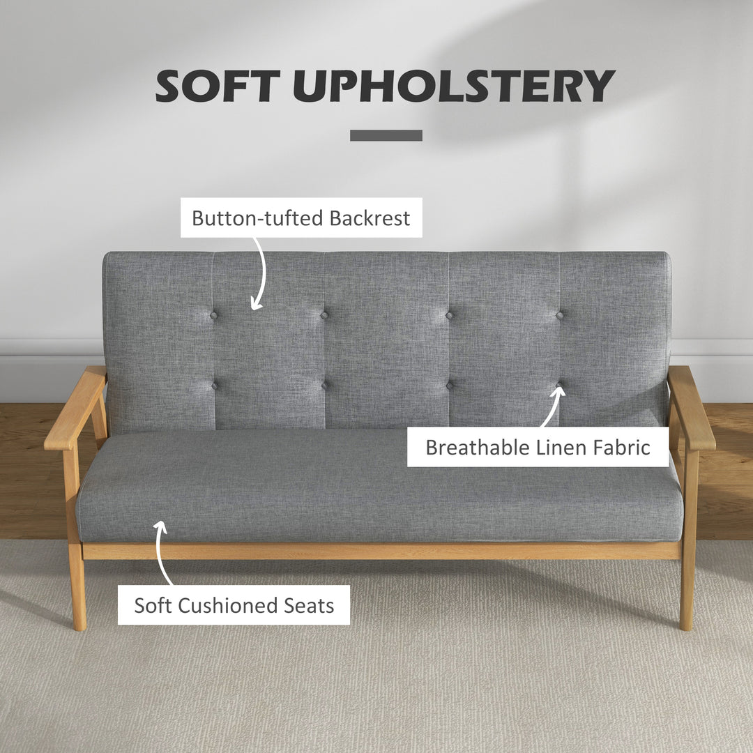 3 Seater Sofa Modern Linen Fabric Upholstery Tufted Couch with Rubberwood Legs for Living Room and Kitchen, 155cm, Dark Grey