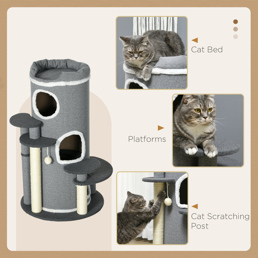 PawHut Barrel Shaped Cat Tree with Sisal Scratching Posts, Cat Bed, Platforms, Hanging Ball, Grey, Grey | Aosom UK