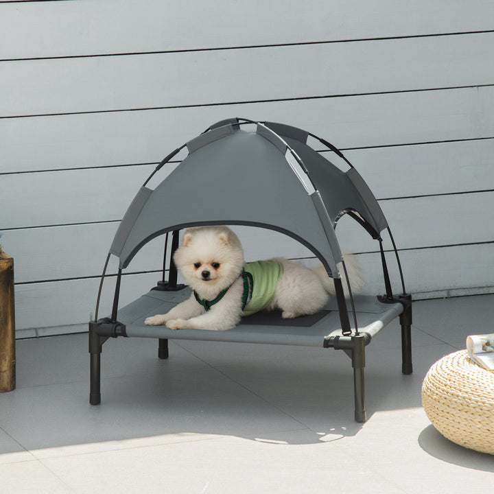 PawHut Elevated Pet Bed: Waterproof Mesh Cot with UV Canopy for Small Dogs, 61 x 46 x 62cm, Grey | Aosom UK