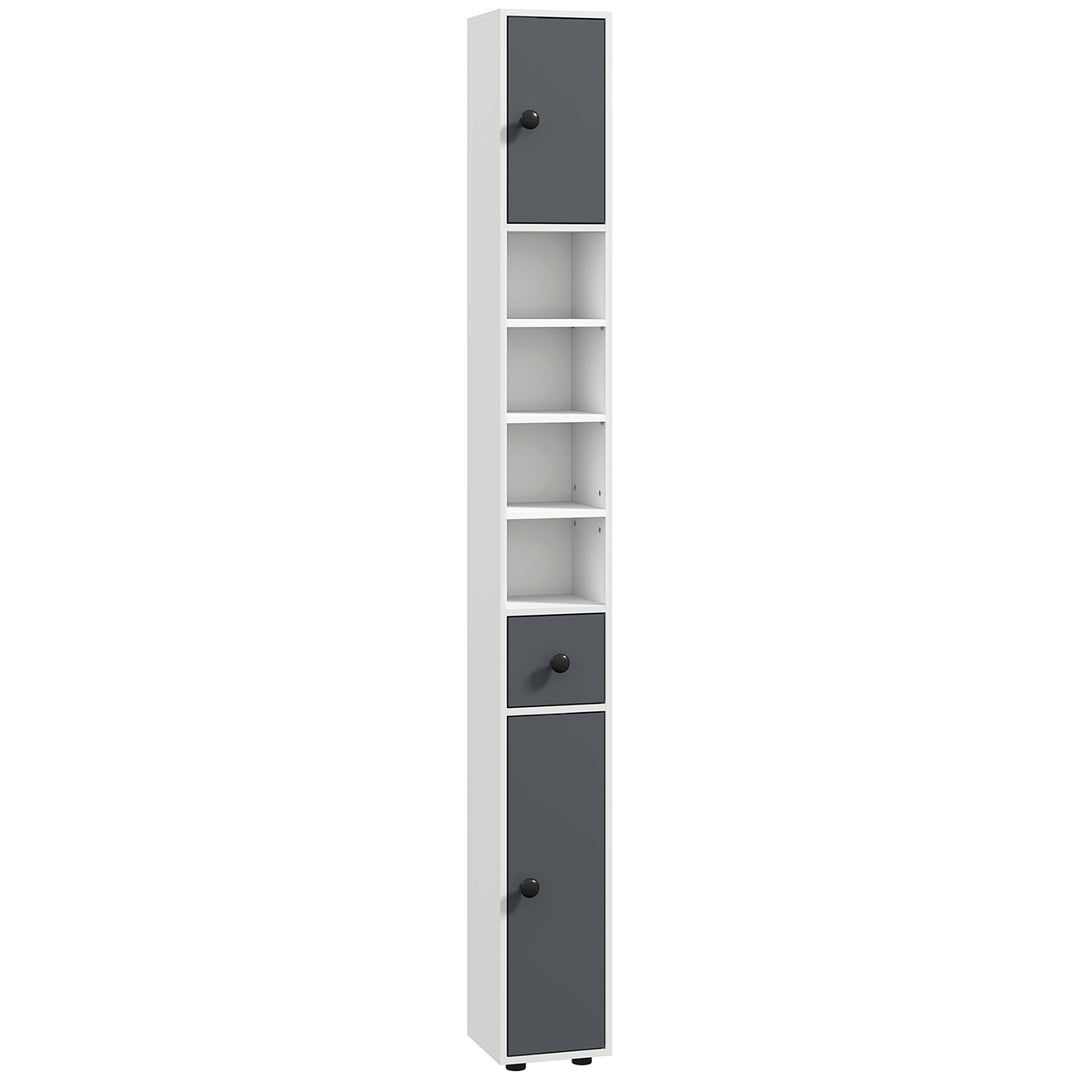 180cm Slim Bathroom Cabinet, with Drawer, Shelves and Cupboards - Grey