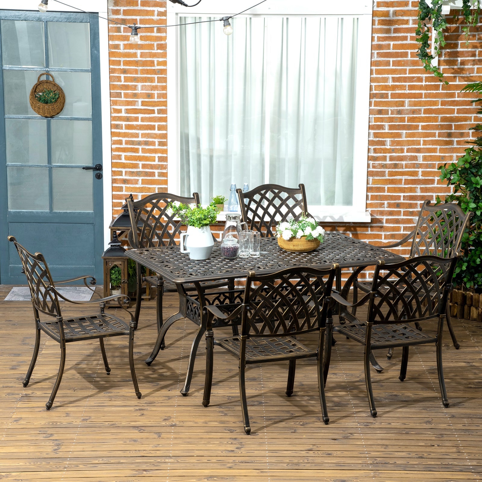 7 PCs Garden Patio Dining Set with Parasol Hole, Cast Aluminium Outdoo