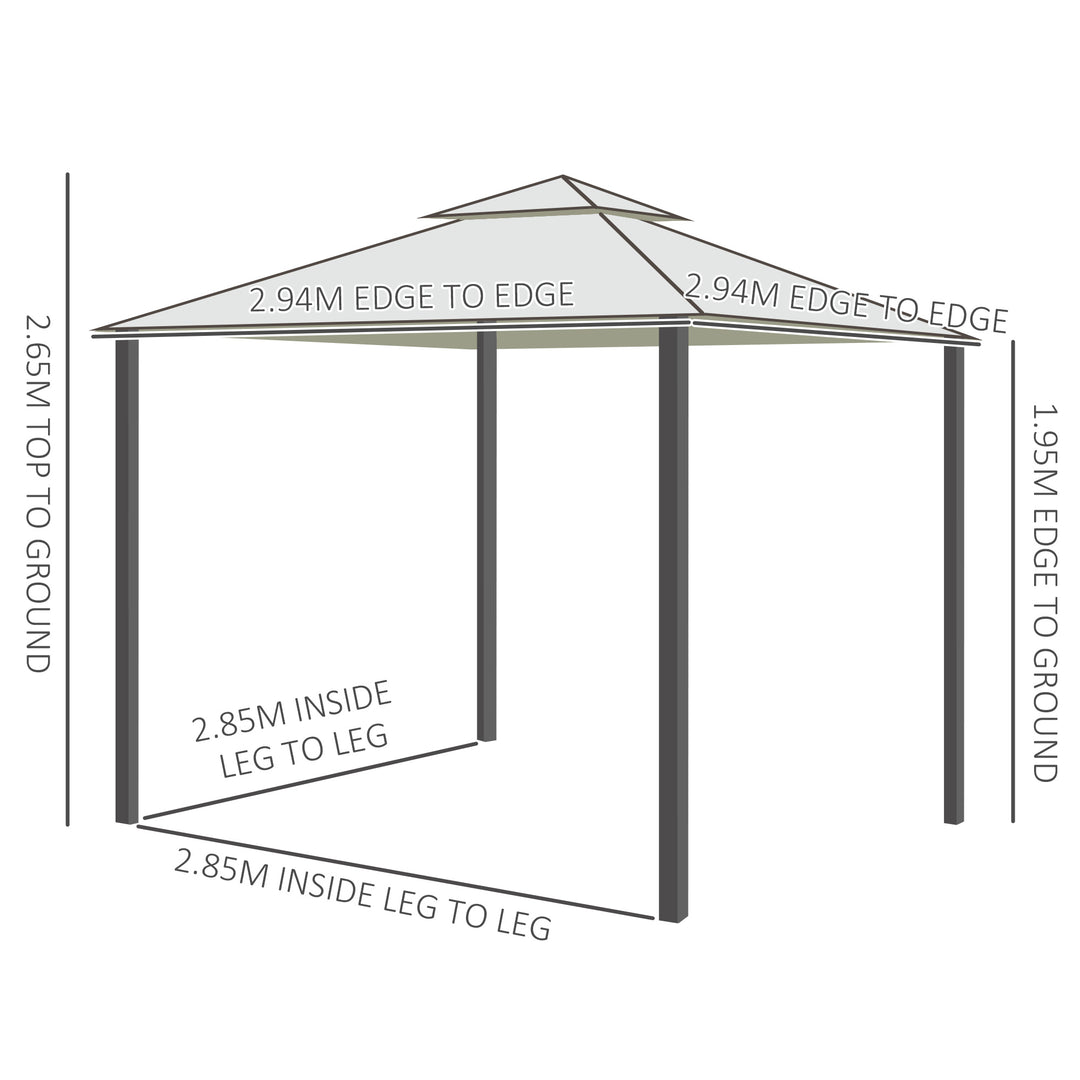 3 x 3 m Metal Gazebo, Garden Pavillion, Double Roof Outdoor Canopy Shelter with Mesh Sidewalls, Cream White
