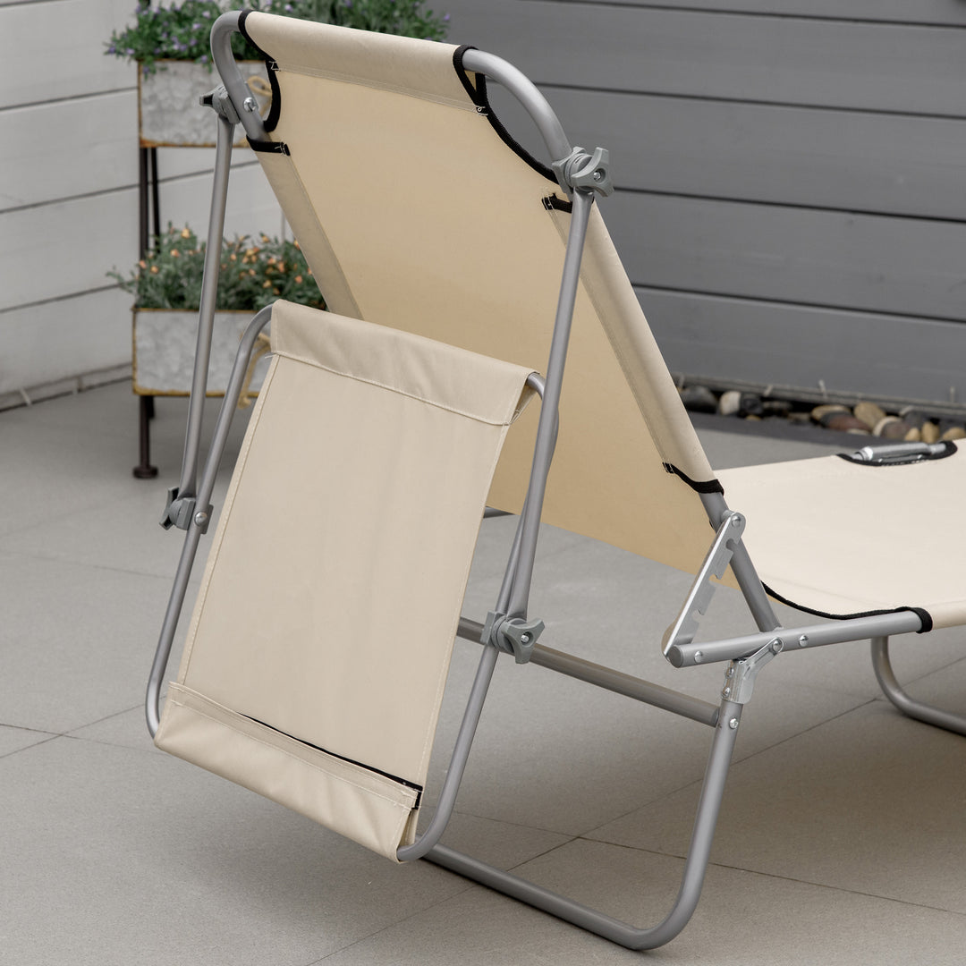 Outdoor Foldable Sun Lounger, 4 Level Adjustable Backrest Reclining Sun Lounger Chair with Angle Adjust Sun Shade Awning for Beach, Garden, Patio, Beige
