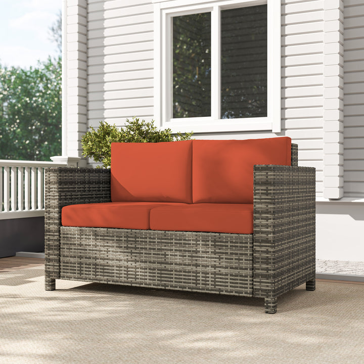 Rattan Sofa, 2 Seater Garden Furniture with Soft Padded Cushion and Armrests, Wicker Garden Loveseat for Patio, Grey