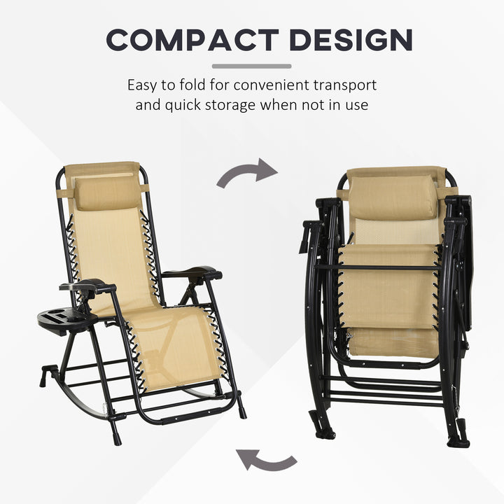 Garden Rocking Chair Folding Recliner Outdoor Adjustable Sun Lounger Rocker Zero-Gravity Seat with Headrest Side Holder Patio Deck - Beige