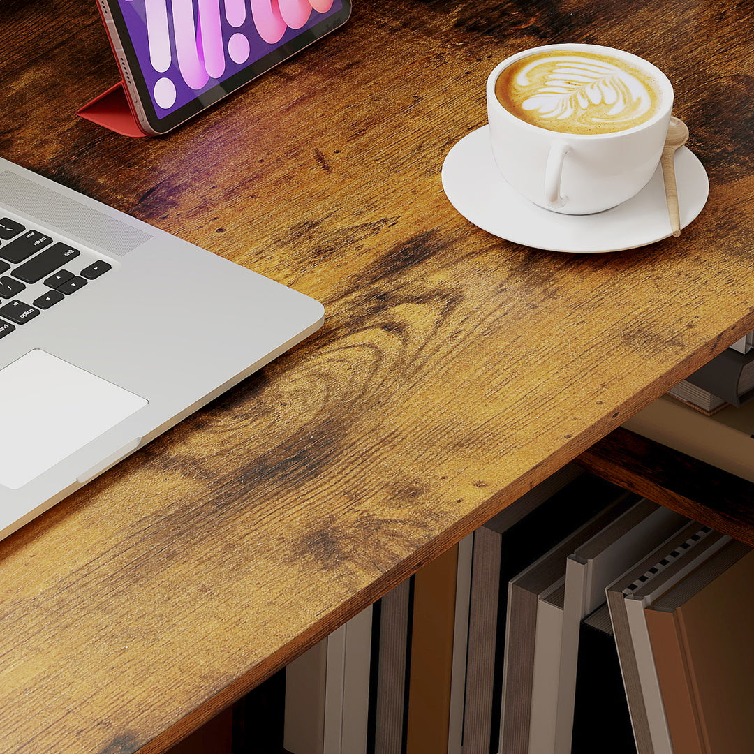 120cm Computer Desk, Wooden PC Laptop Table with 6-Tier Storage Bookshelves, Home Office Working Study Desk, Writing Workstation, Rustic Brown Wood-Effect