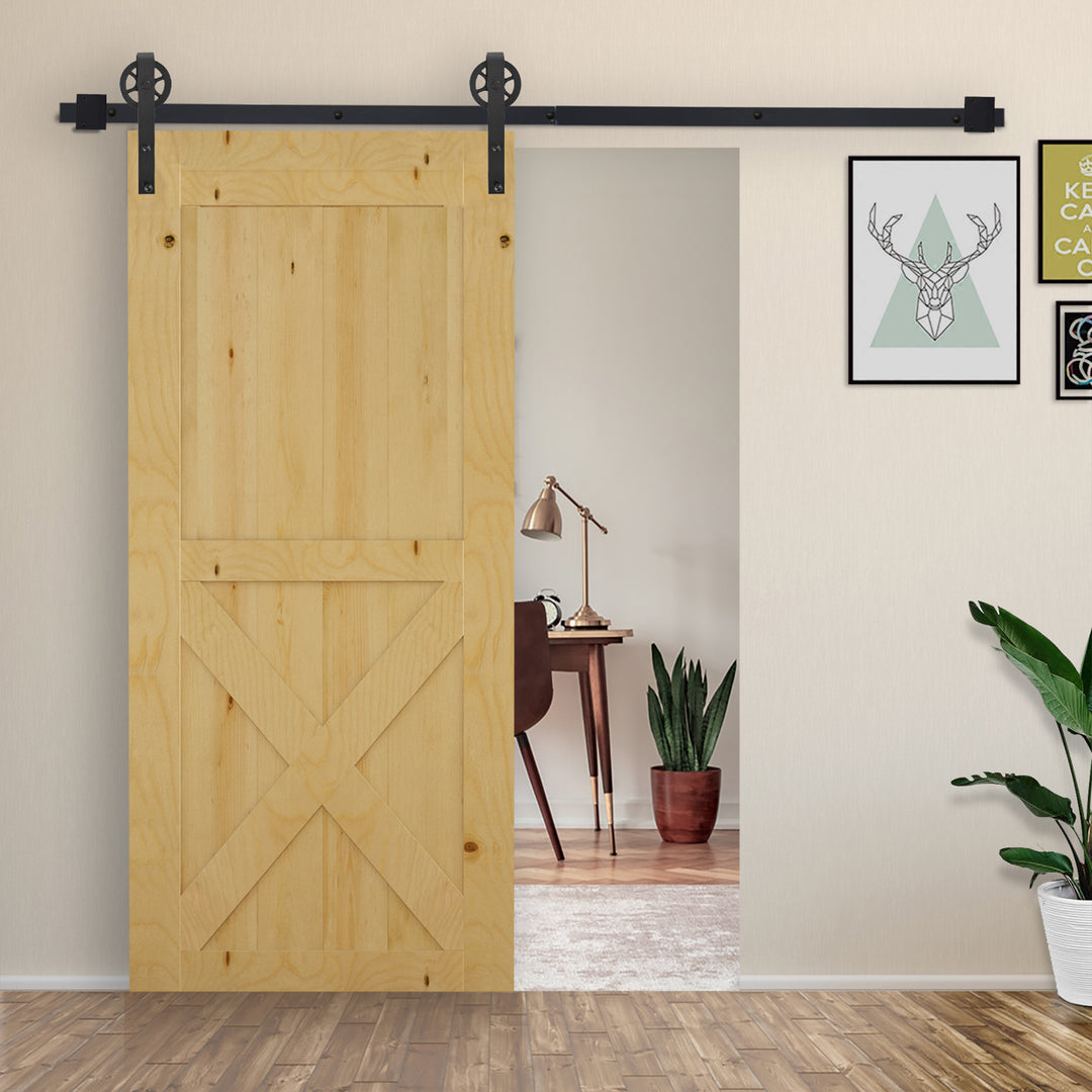 6.6 FT/ 2000mm Carbon Steel Sliding Barn Door Kits Hardware Closet Set Track System for Single Wooden Door Industrial Wheel Style Roller