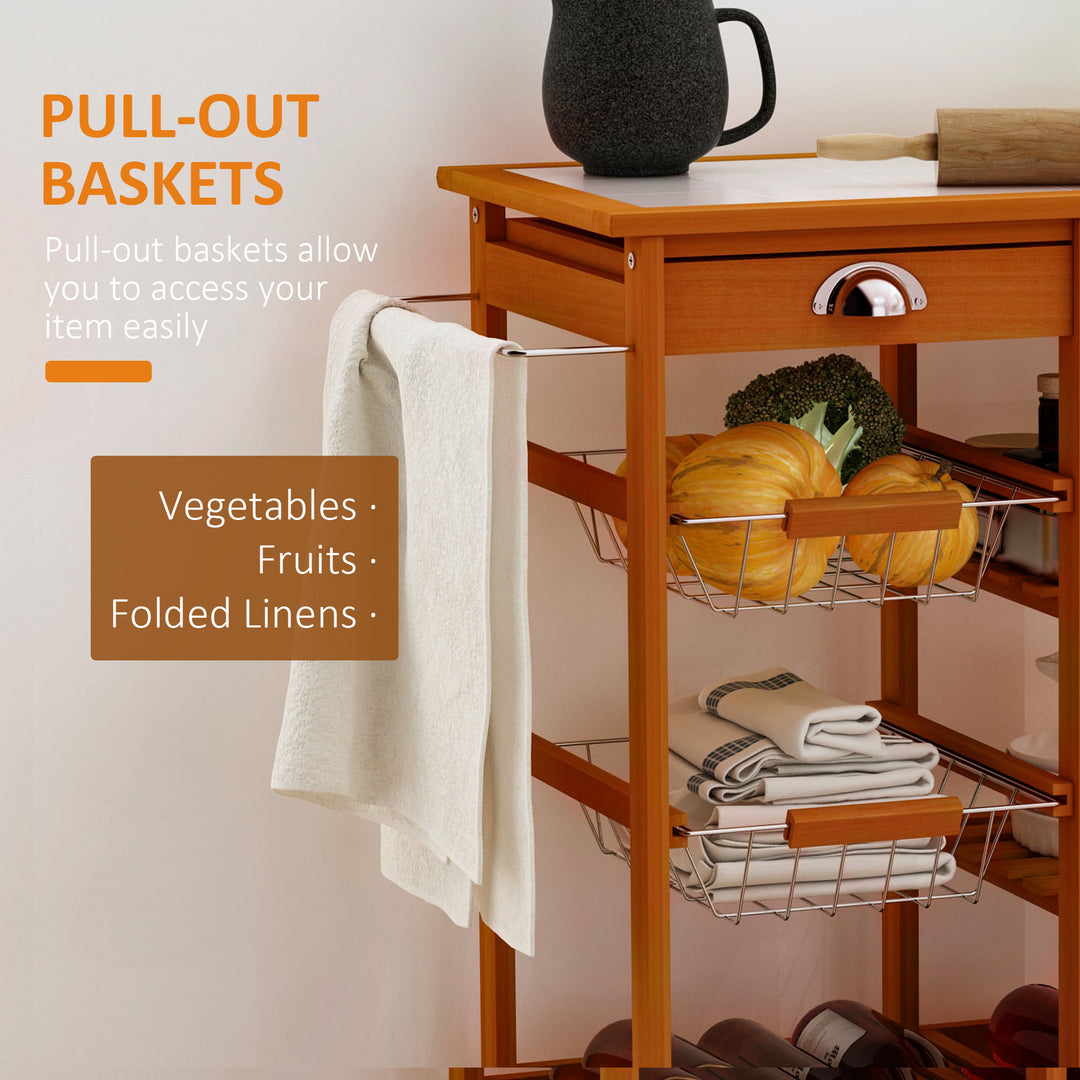 Rolling Kitchen Island Trolley Cart Drawer Shelves Basket Wheels W/ 6 Bottle Wine Rack, Honey Colour