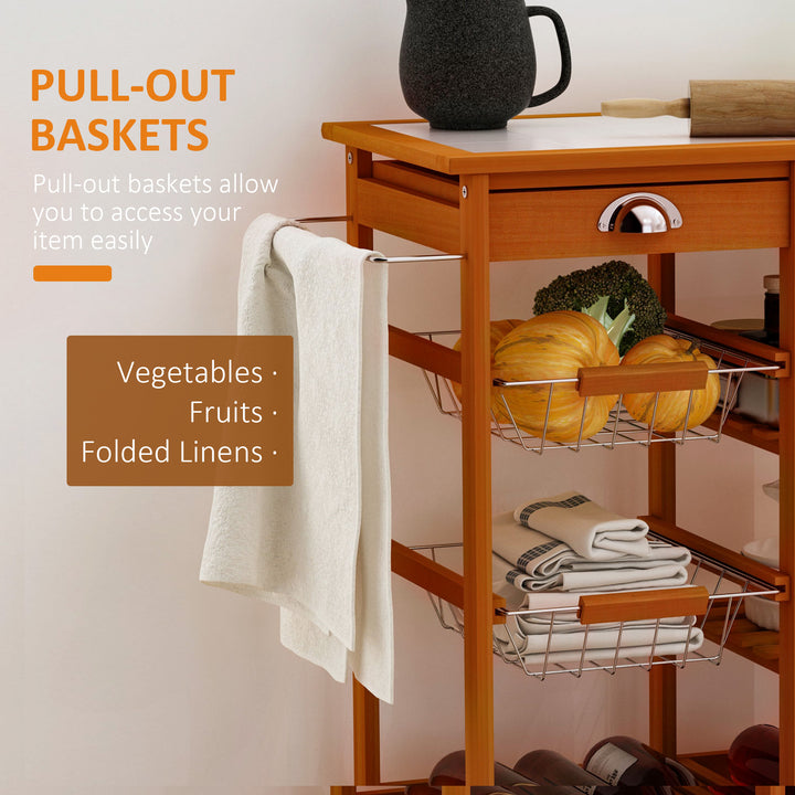 Rolling Kitchen Island Trolley Cart Drawer Shelves Basket Wheels W/ 6 Bottle Wine Rack, Honey Colour