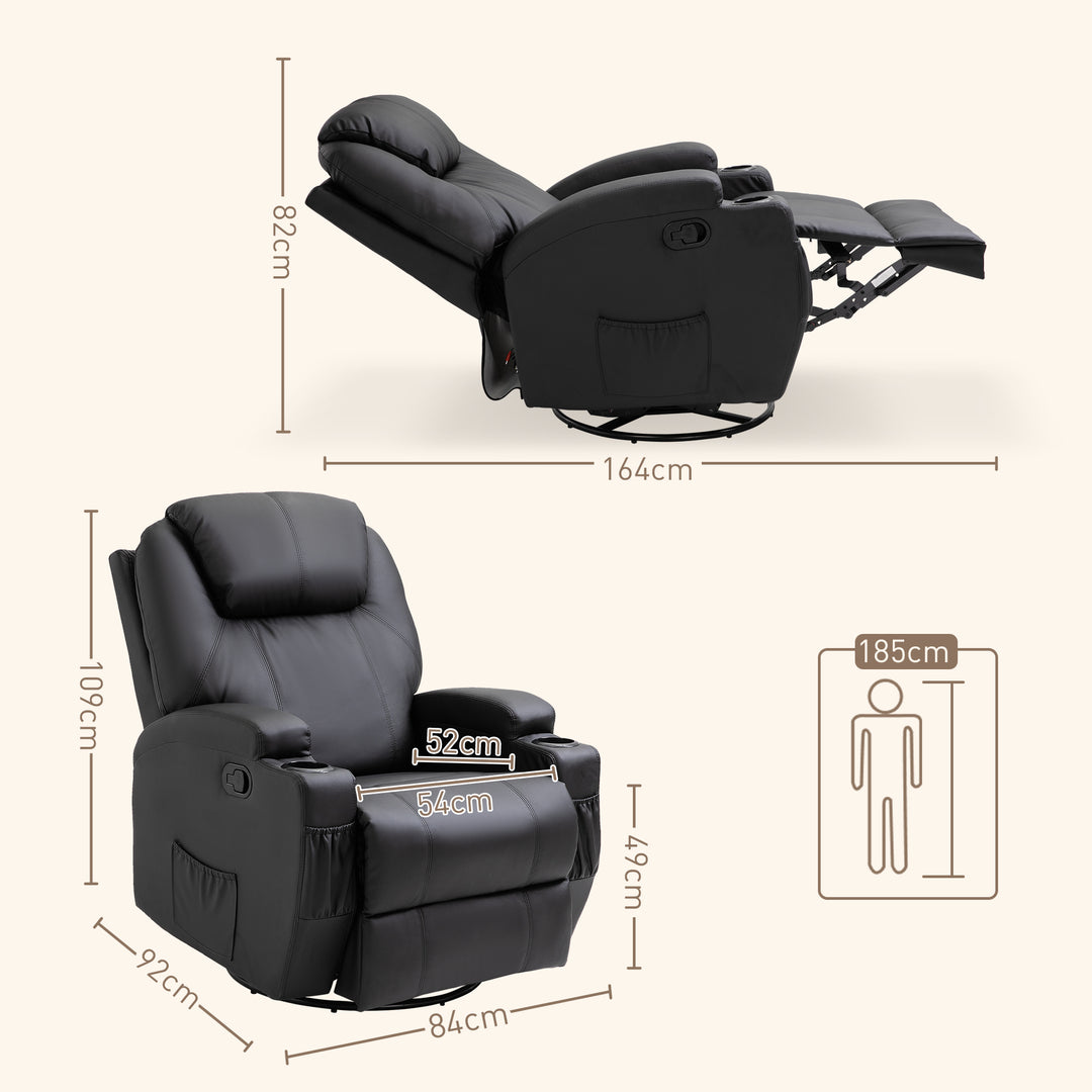 Recliner Chair, Recliner Massage Rocker Chair with 360° Rotate, 165° Reclining Function, Adjustable Footrest, Swivel Armchair Single Sofa for Living Room with Drink Holders, Side Pockets, Black
