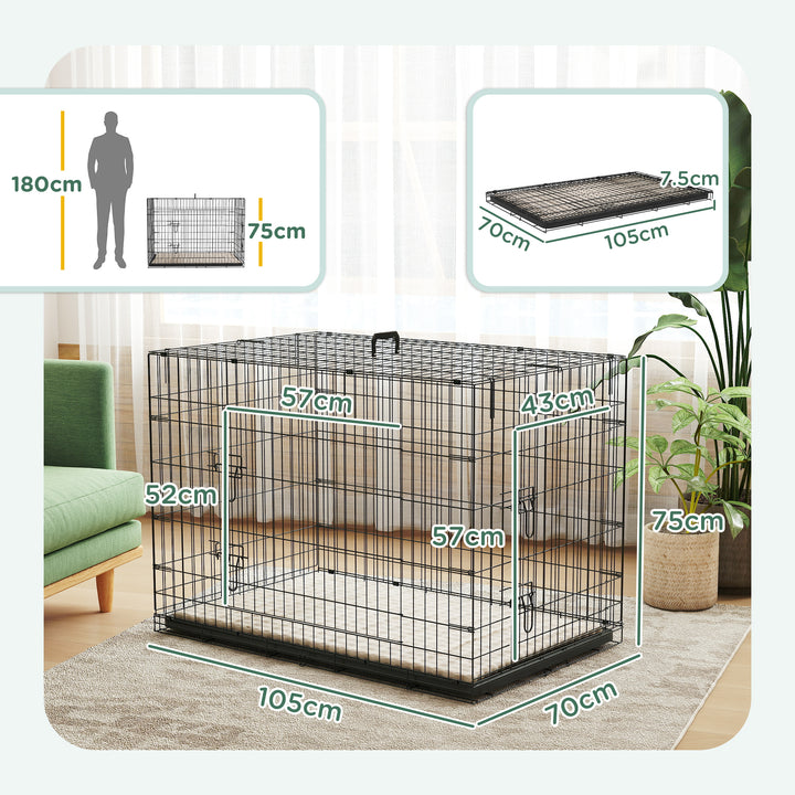 Foldable Dog Crate with 2 Doors with Tray, Soft Cushion, for Extra and Large Dogs, 105 x 70 x 75, Black