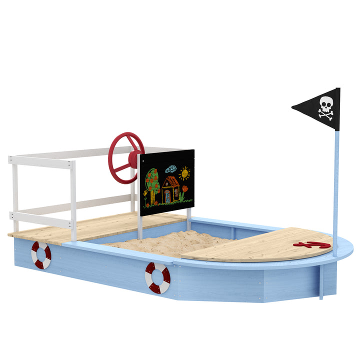 Outsunny Kids Wooden Sandbox, Pirate Ship Design, Spacious Outdoor Play Area, Nautical Blue