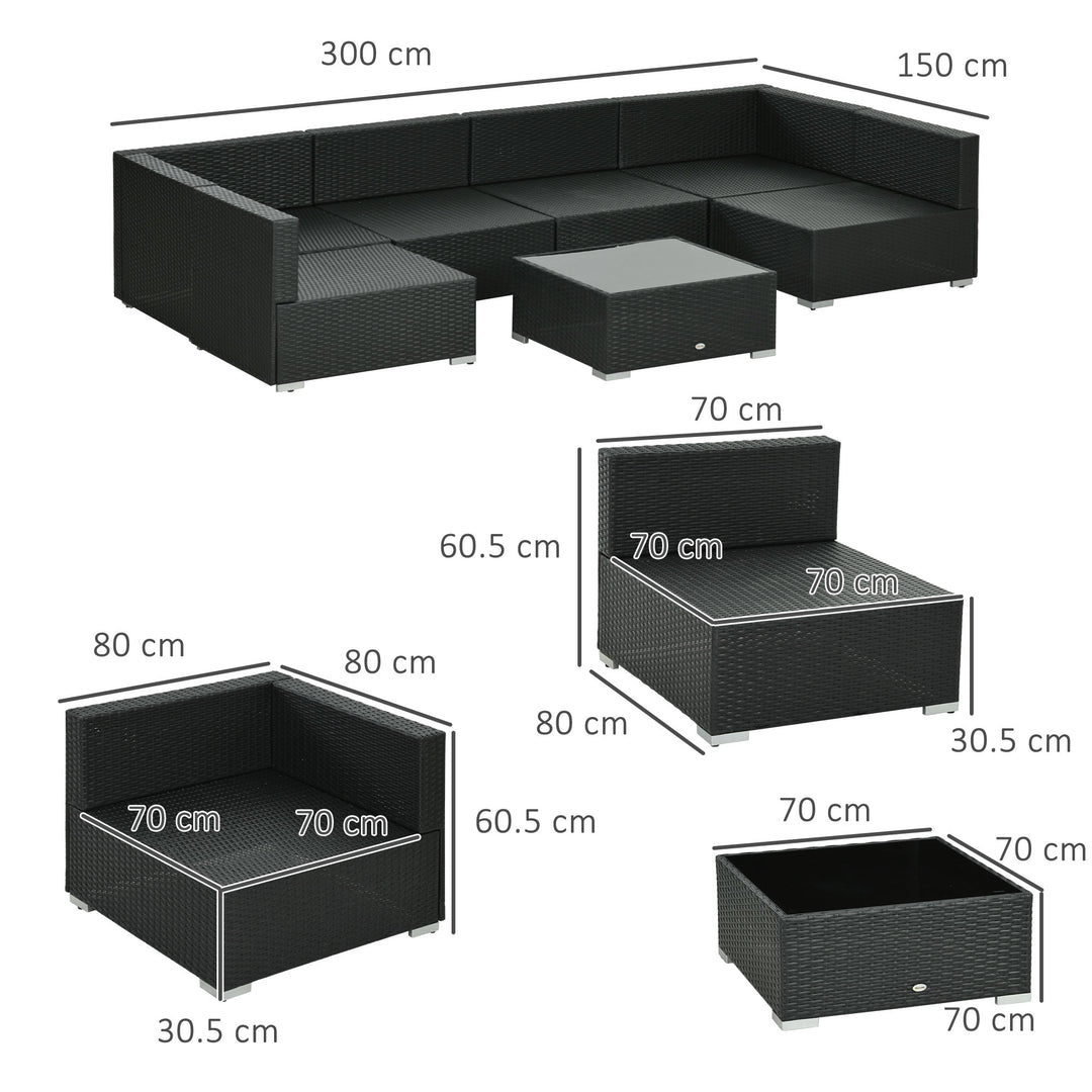 Seven-Piece Rattan Garden Set, with Glass-Top Table - Black/Beige