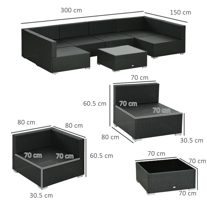 Seven-Piece Rattan Garden Set, with Glass-Top Table - Black/Beige