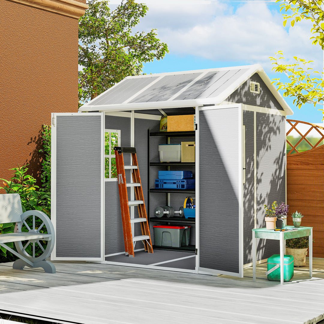 Outsunny 6 x 6ft Garden Shed with Floor, Window, Lockable Doors and Vents, Wood Effect Resin Tool Shed for Outdoor Patio, Grey